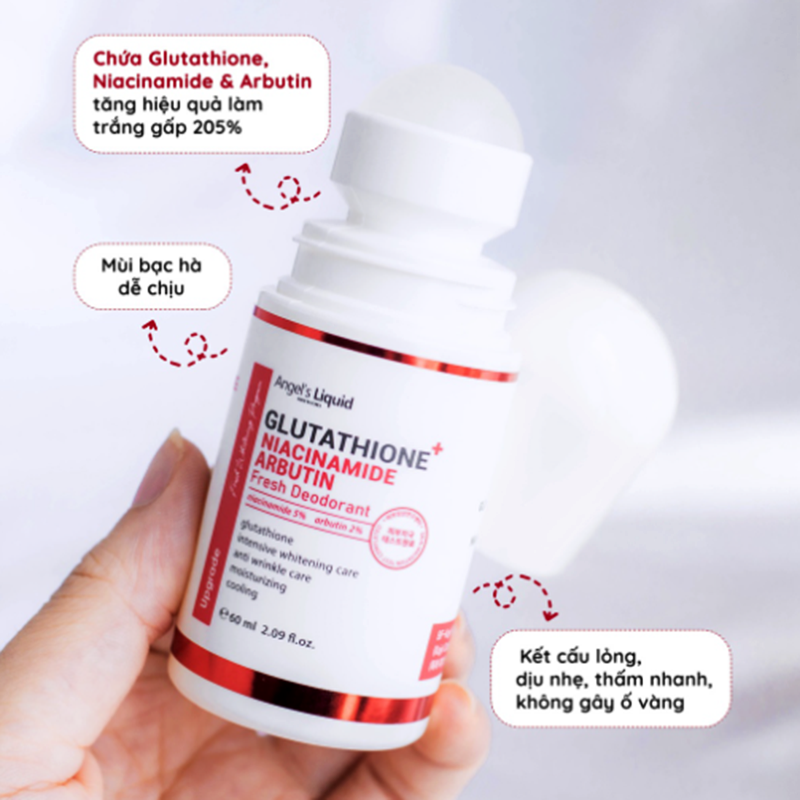 Lăn Khử Mùi Angel's Liquid Glutathione+ Niacinamide Arbutin Cooling Fresh Deodorant 60ml, giúp khử mùi, làm trắng da vùng cánh tay