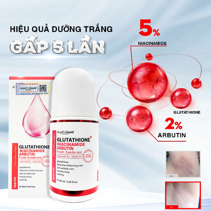 Lăn Khử Mùi Angel's Liquid Glutathione+ Niacinamide Arbutin Cooling Fresh Deodorant 60ml, giúp khử mùi, làm trắng da vùng cánh tay